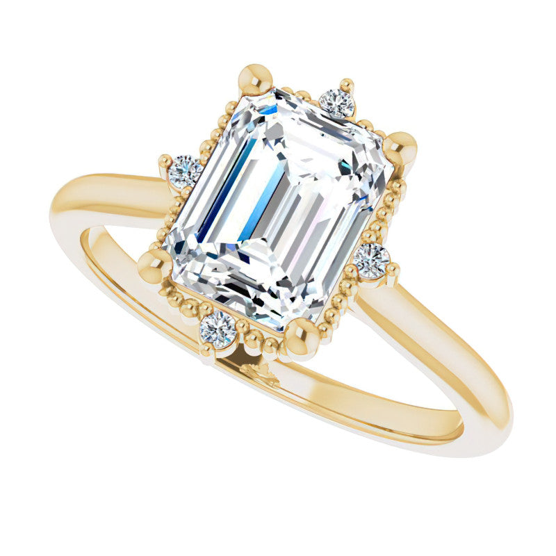 Petite Halo Emerald / Radiant Moissanite Cathedral Engagement Ring