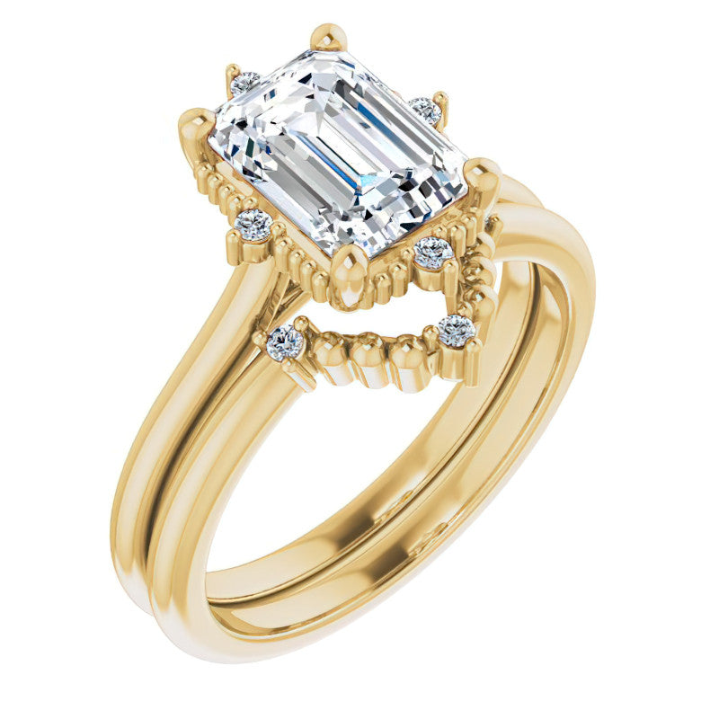 Petite Halo Emerald / Radiant Moissanite Cathedral Engagement Ring
