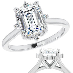Petite Halo Emerald / Radiant Moissanite Cathedral Engagement Ring