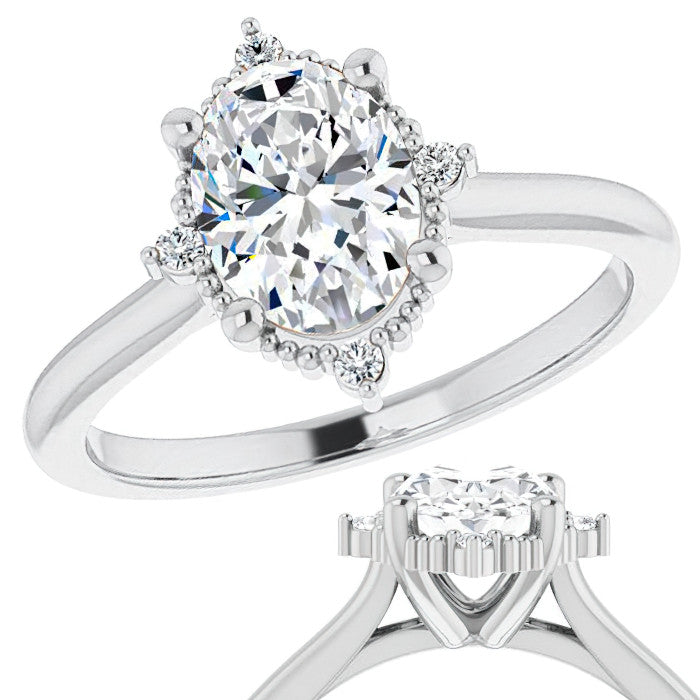 Petite Halo Oval Moissanite Cathedral Engagement Ring