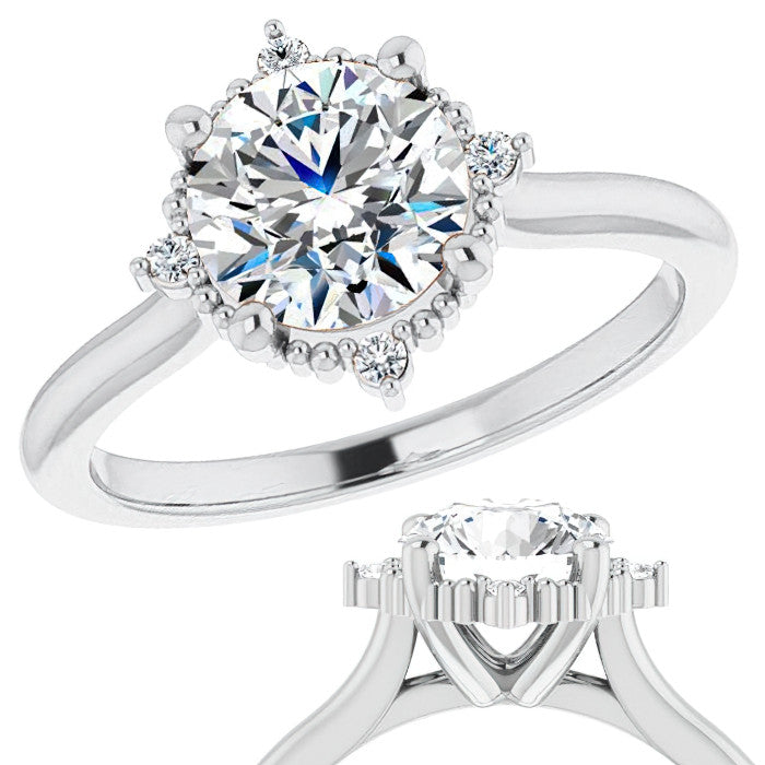 Petite Halo Round Brilliant Moissanite Cathedral Engagement Ring