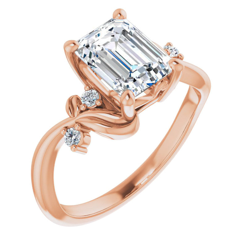 Emerald / Radiant Floral Detail Moissanite Engagement Ring