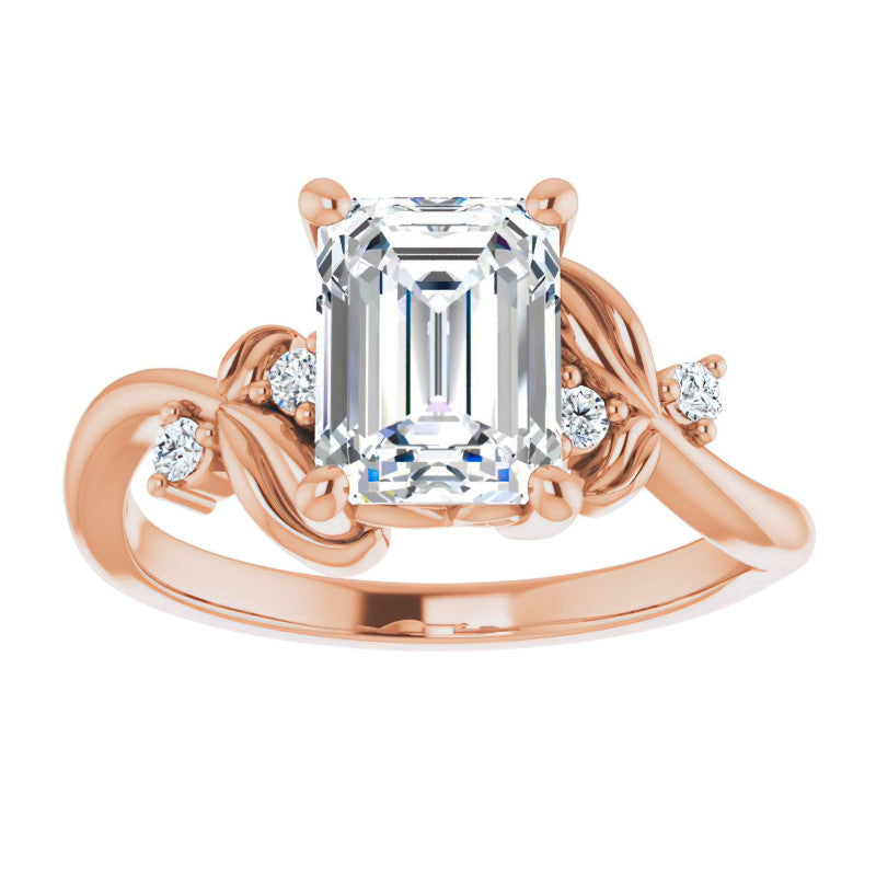 Emerald / Radiant Floral Detail Moissanite Engagement Ring