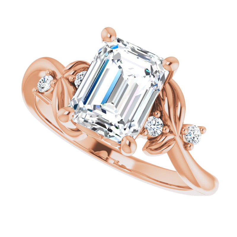 Emerald / Radiant Floral Detail Moissanite Engagement Ring