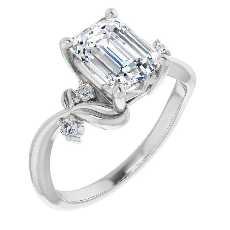 Emerald / Radiant Floral Detail Moissanite Engagement Ring