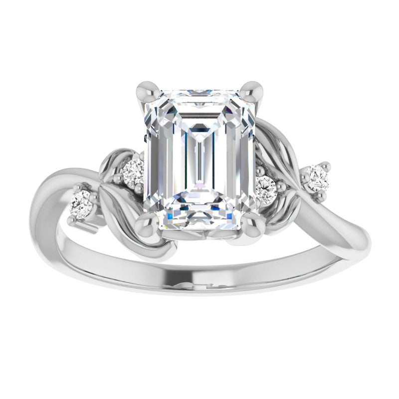 Emerald / Radiant Floral Detail Moissanite Engagement Ring