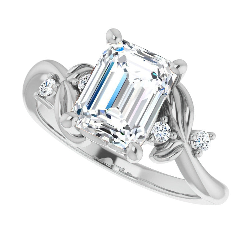 Emerald / Radiant Floral Detail Moissanite Engagement Ring