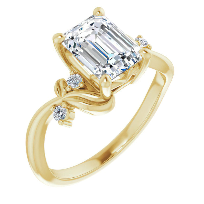 Emerald / Radiant Floral Detail Moissanite Engagement Ring
