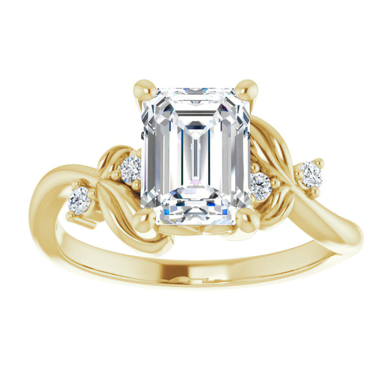 Emerald / Radiant Floral Detail Moissanite Engagement Ring