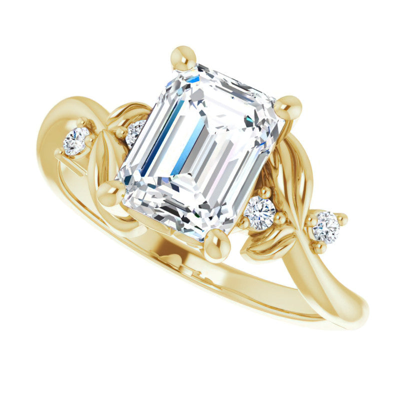 Emerald / Radiant Floral Detail Moissanite Engagement Ring