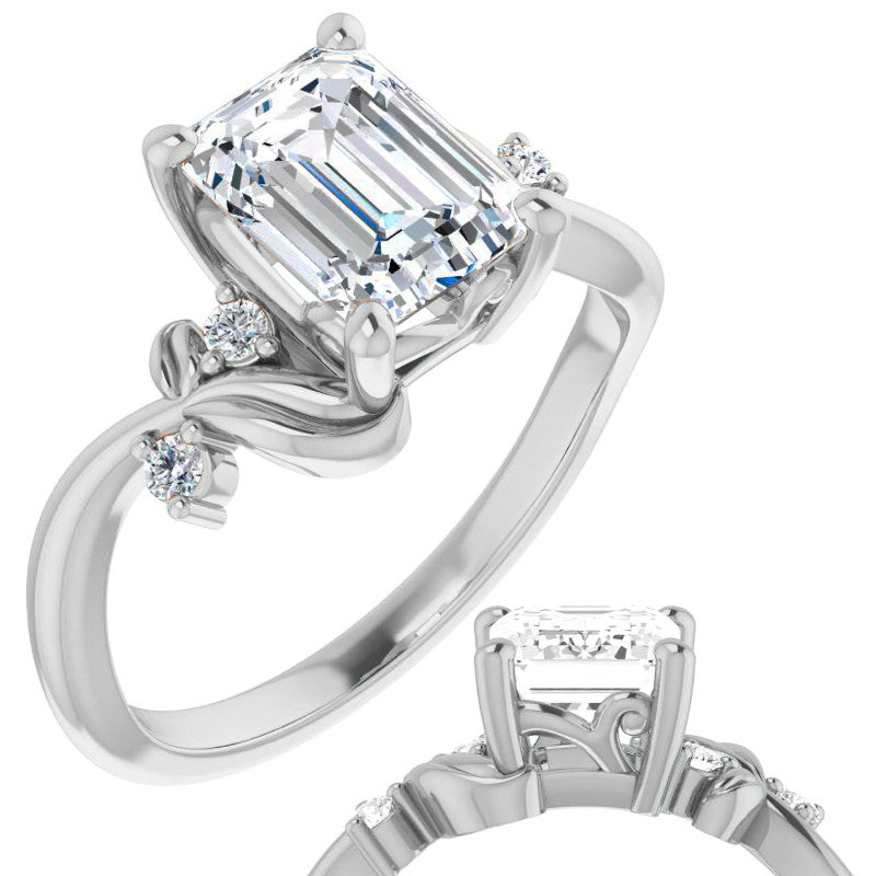 Emerald / Radiant Floral Detail Moissanite Engagement Ring