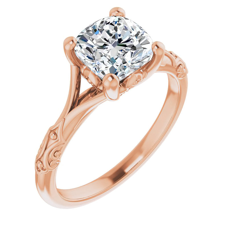 Cushion Moissanite Scroll Accent Cathedral Engagement Ring