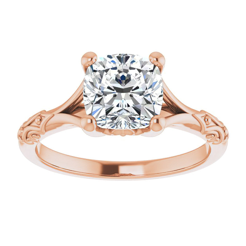 Cushion Moissanite Scroll Accent Cathedral Engagement Ring