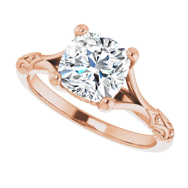 Cushion Moissanite Scroll Accent Cathedral Engagement Ring