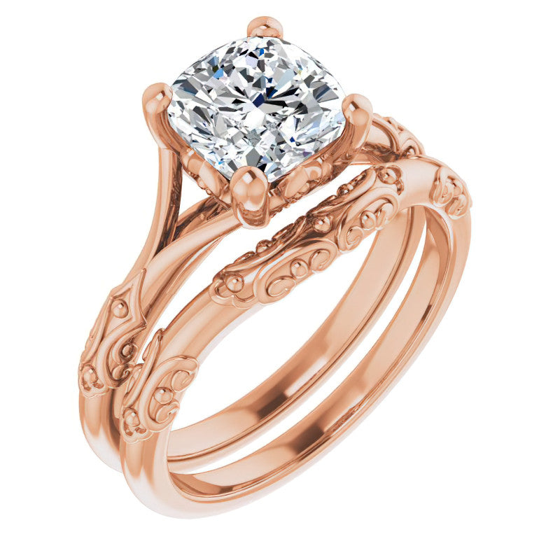 Cushion Moissanite Scroll Accent Cathedral Engagement Ring