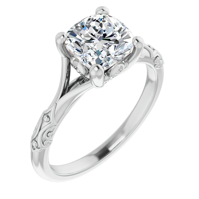 Cushion Moissanite Scroll Accent Cathedral Engagement Ring
