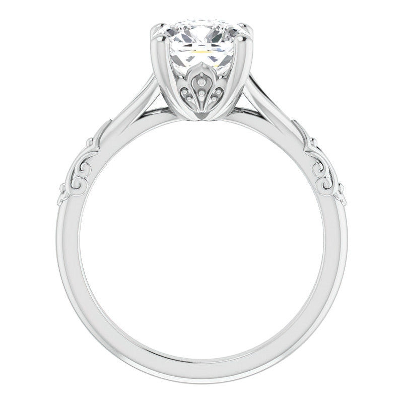 Cushion Moissanite Scroll Accent Cathedral Engagement Ring
