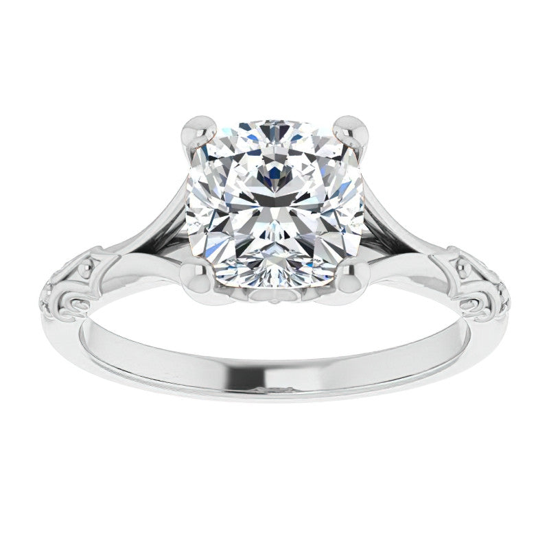 Cushion Moissanite Scroll Accent Cathedral Engagement Ring