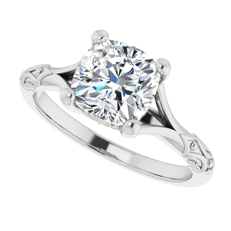 Cushion Moissanite Scroll Accent Cathedral Engagement Ring