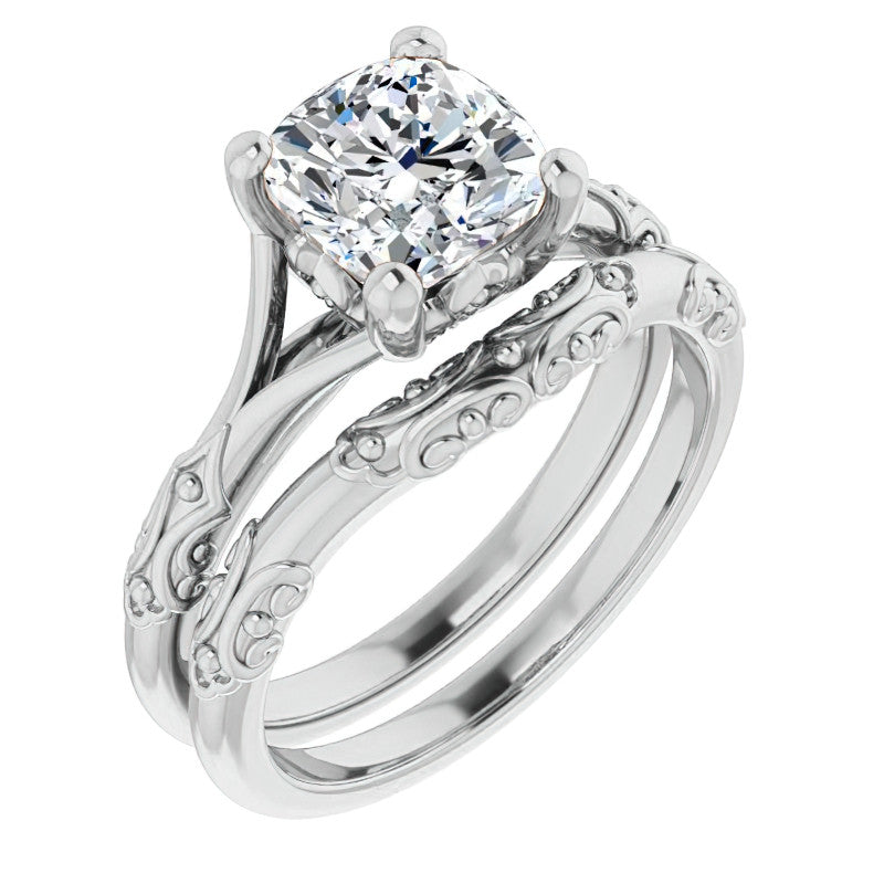 Cushion Moissanite Scroll Accent Cathedral Engagement Ring