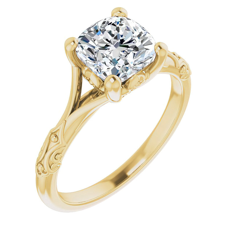 Cushion Moissanite Scroll Accent Cathedral Engagement Ring