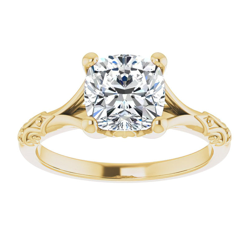 Cushion Moissanite Scroll Accent Cathedral Engagement Ring