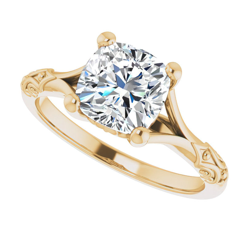 Cushion Moissanite Scroll Accent Cathedral Engagement Ring