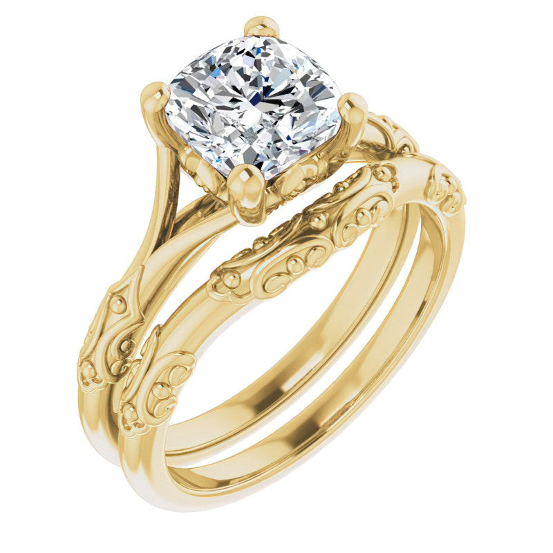 Cushion Moissanite Scroll Accent Cathedral Engagement Ring
