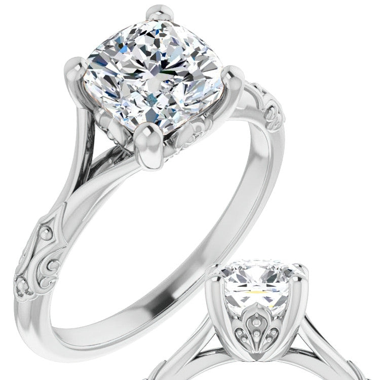 Cushion Moissanite Scroll Accent Cathedral Engagement Ring