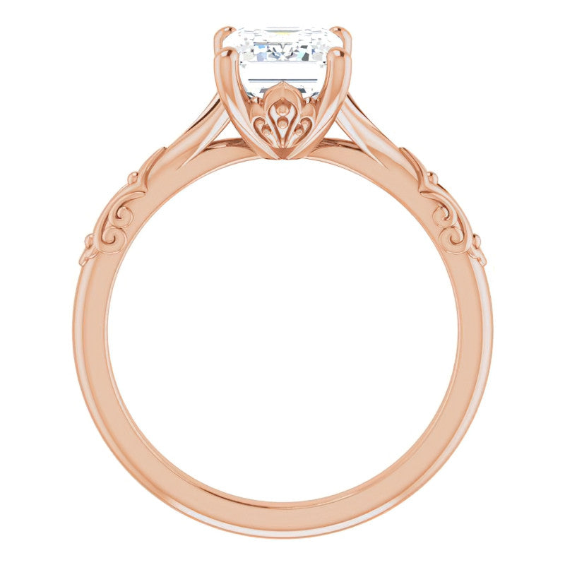 Emerald / Radiant Moissanite Scroll Accent Cathedral Engagement Ring