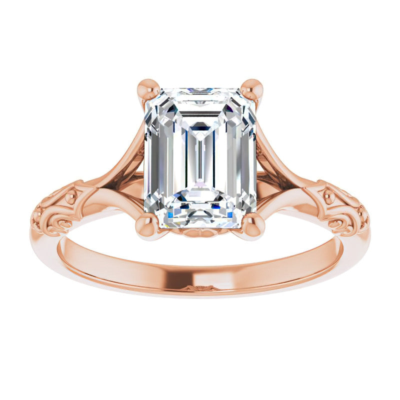 Emerald / Radiant Moissanite Scroll Accent Cathedral Engagement Ring