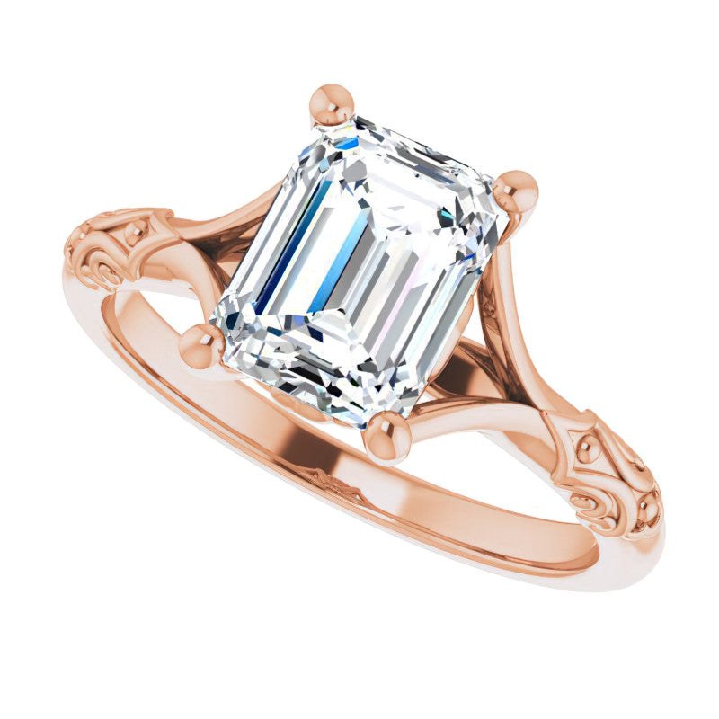 Emerald / Radiant Moissanite Scroll Accent Cathedral Engagement Ring