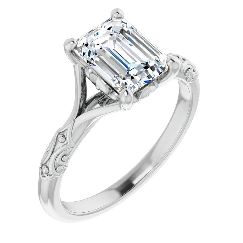 Emerald / Radiant Moissanite Scroll Accent Cathedral Engagement Ring
