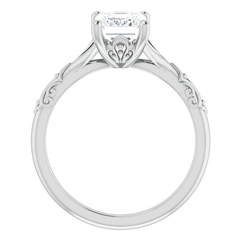 Emerald / Radiant Moissanite Scroll Accent Cathedral Engagement Ring