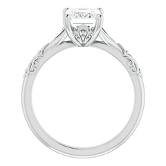 Emerald / Radiant Moissanite Scroll Accent Cathedral Engagement Ring