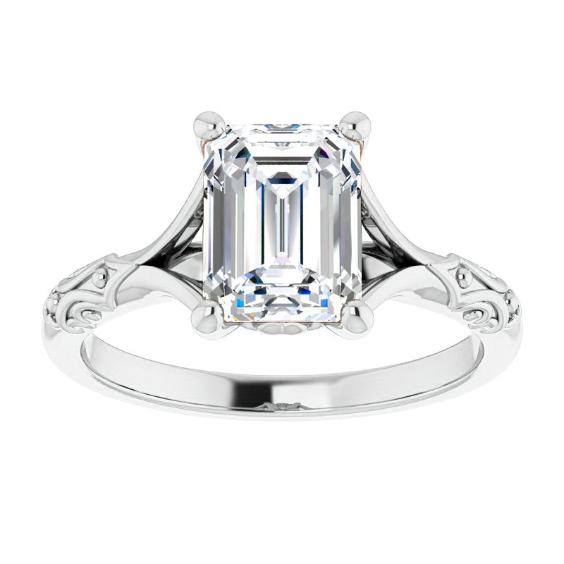 Emerald / Radiant Moissanite Scroll Accent Cathedral Engagement Ring