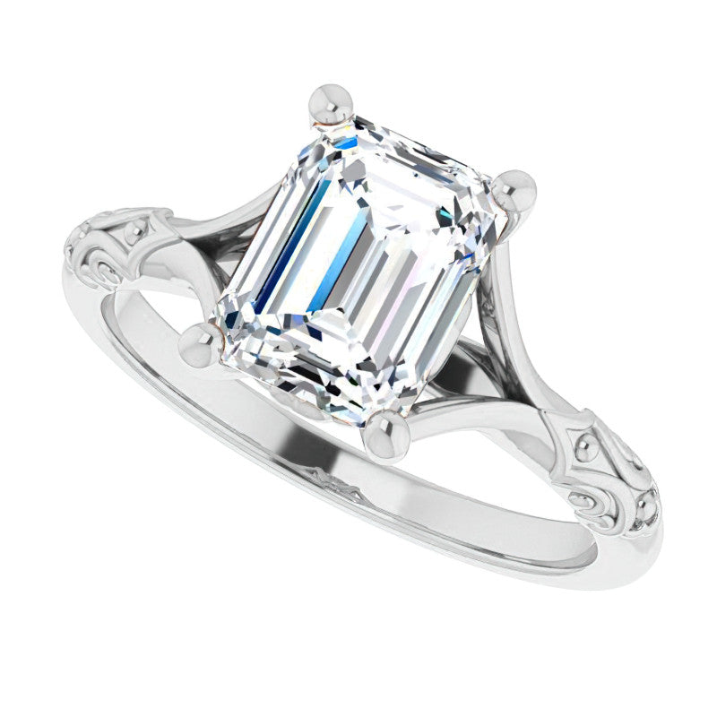 Emerald / Radiant Moissanite Scroll Accent Cathedral Engagement Ring