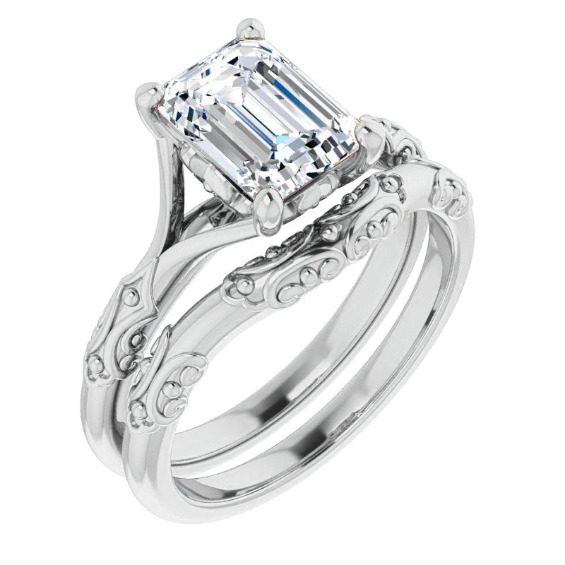 Emerald / Radiant Moissanite Scroll Accent Cathedral Engagement Ring
