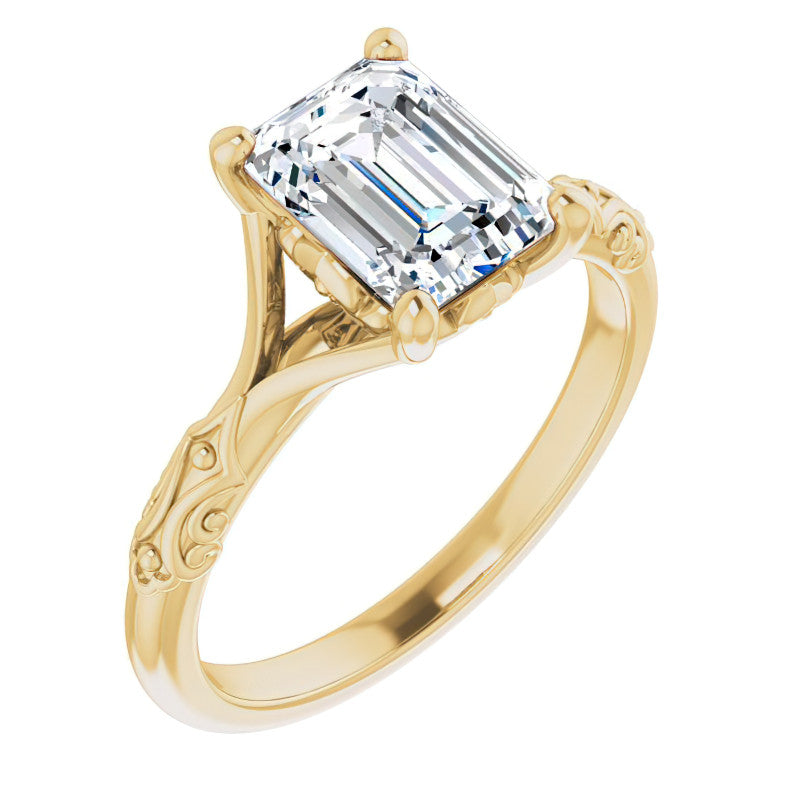 Emerald / Radiant Moissanite Scroll Accent Cathedral Engagement Ring