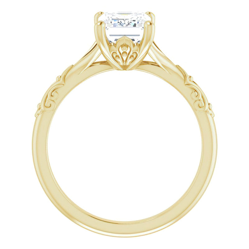 Emerald / Radiant Moissanite Scroll Accent Cathedral Engagement Ring