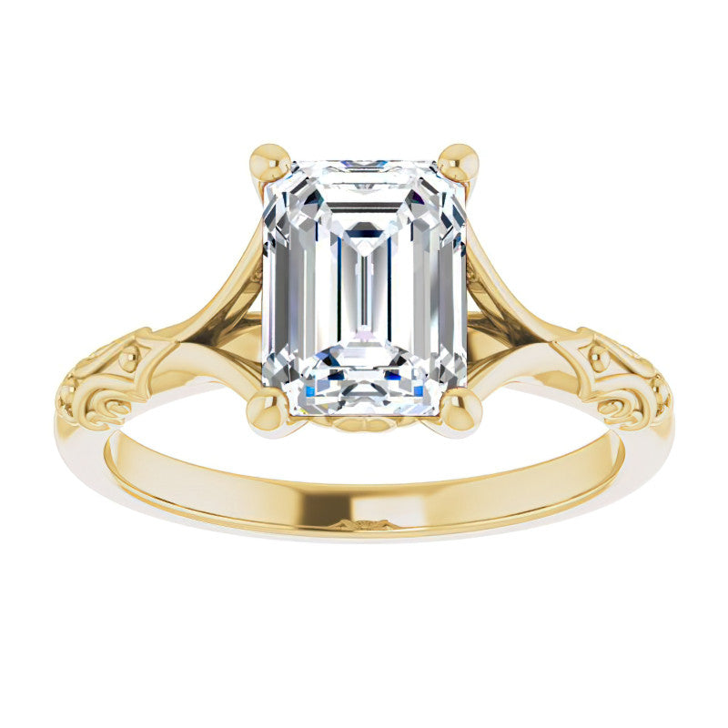 Emerald / Radiant Moissanite Scroll Accent Cathedral Engagement Ring