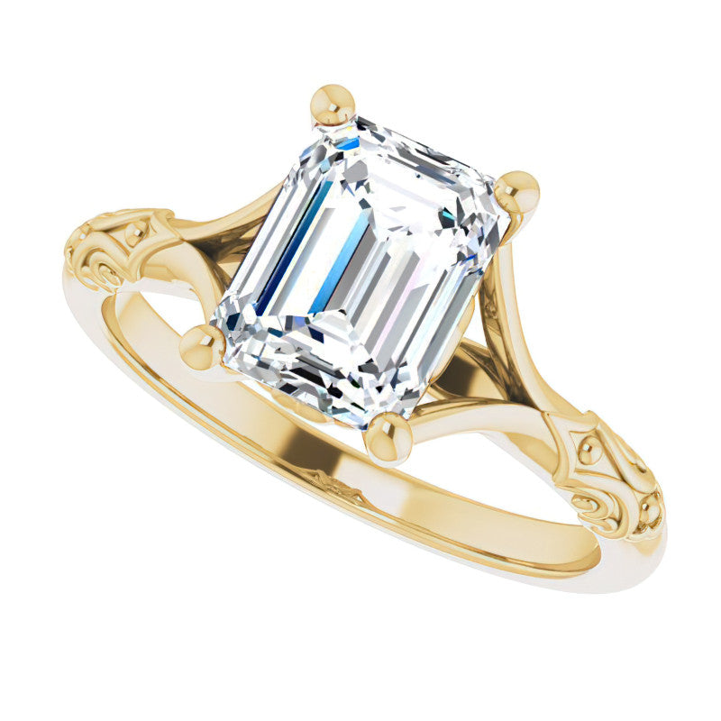Emerald / Radiant Moissanite Scroll Accent Cathedral Engagement Ring