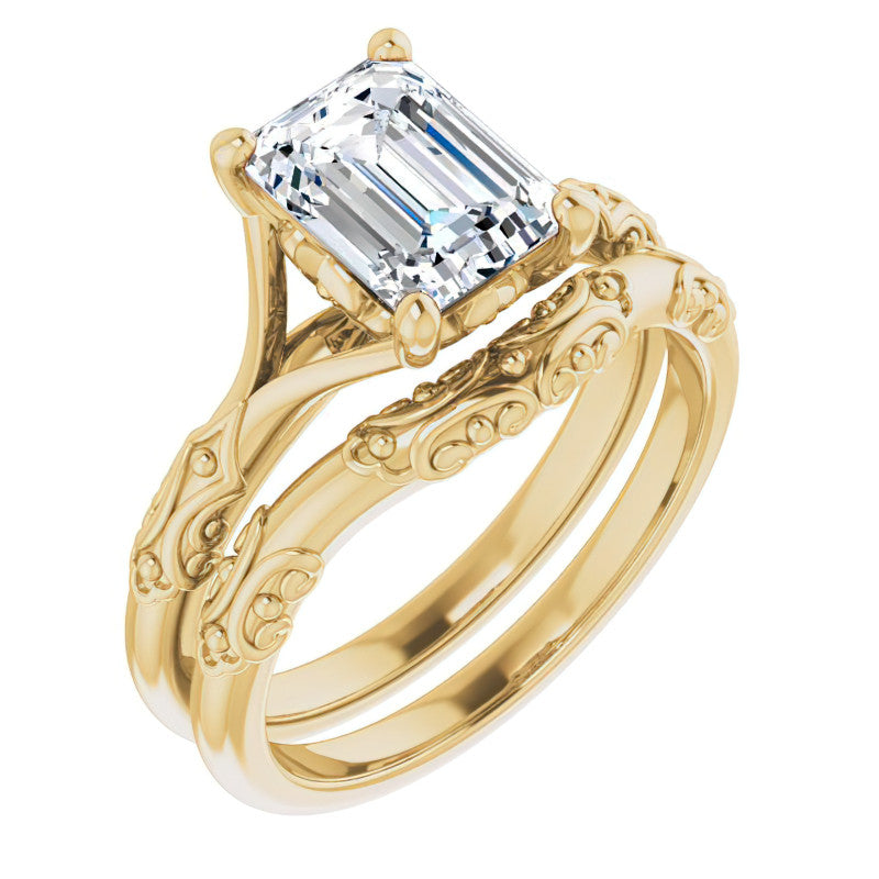 Emerald / Radiant Moissanite Scroll Accent Cathedral Engagement Ring
