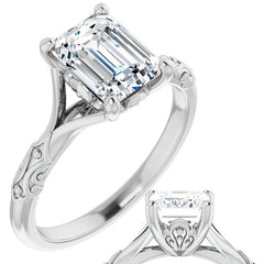 Emerald / Radiant Moissanite Scroll Accent Cathedral Engagement Ring