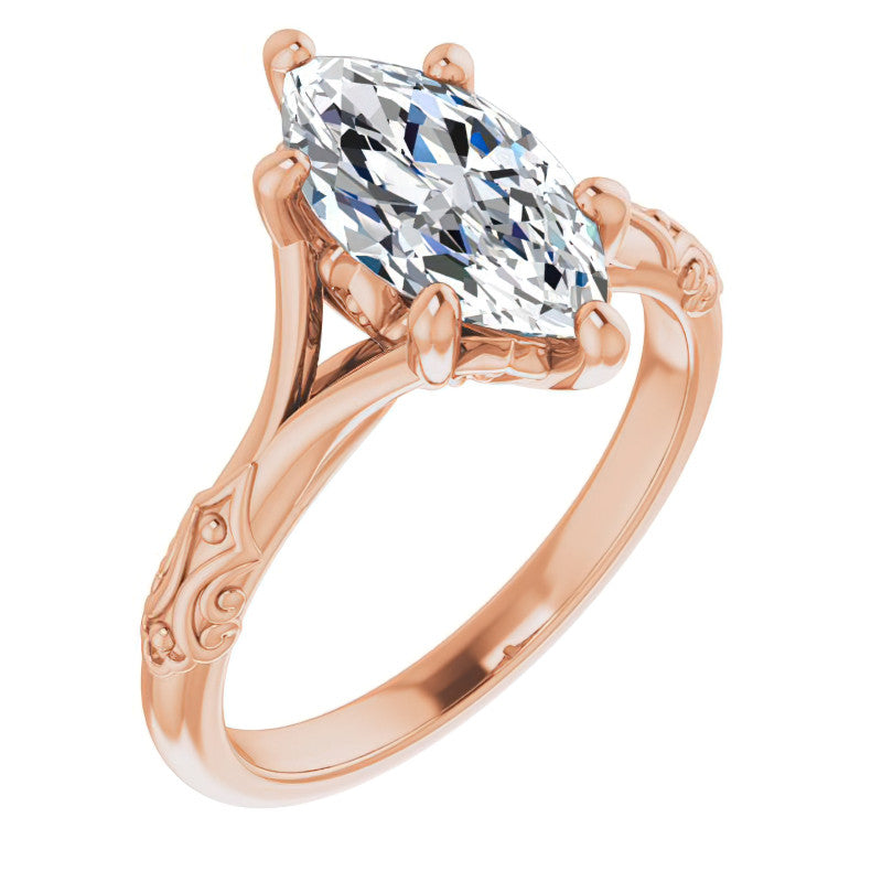 Marquise Moissanite Scroll Accent Cathedral Engagement Ring