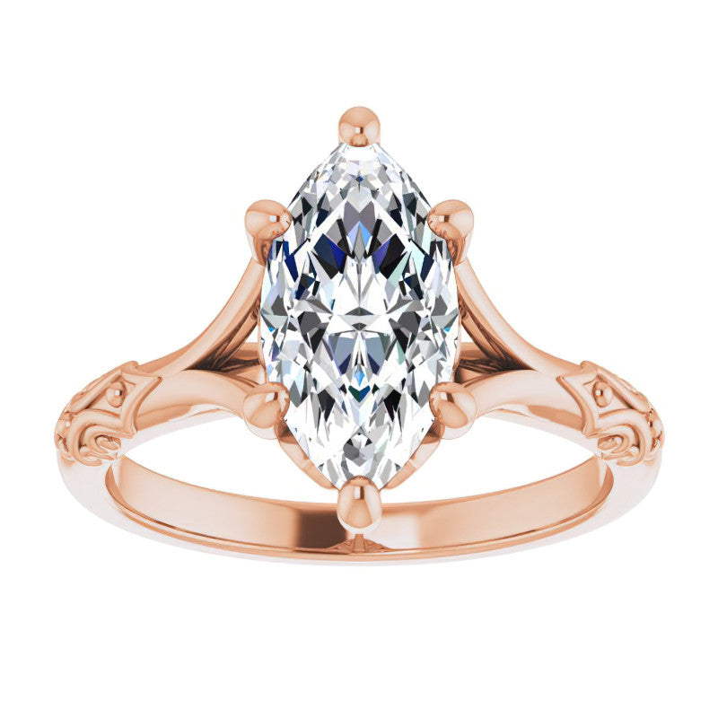 Marquise Moissanite Scroll Accent Cathedral Engagement Ring