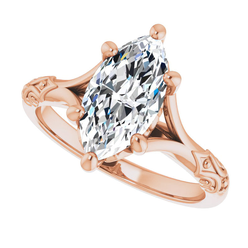 Marquise Moissanite Scroll Accent Cathedral Engagement Ring