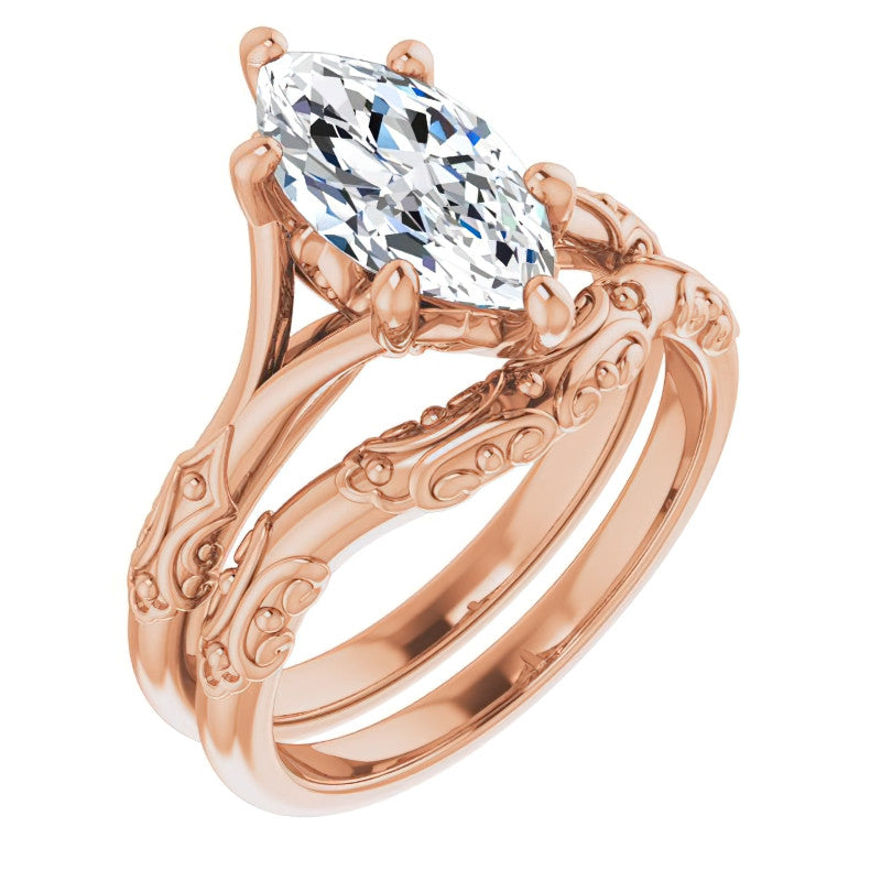 Marquise Moissanite Scroll Accent Cathedral Engagement Ring