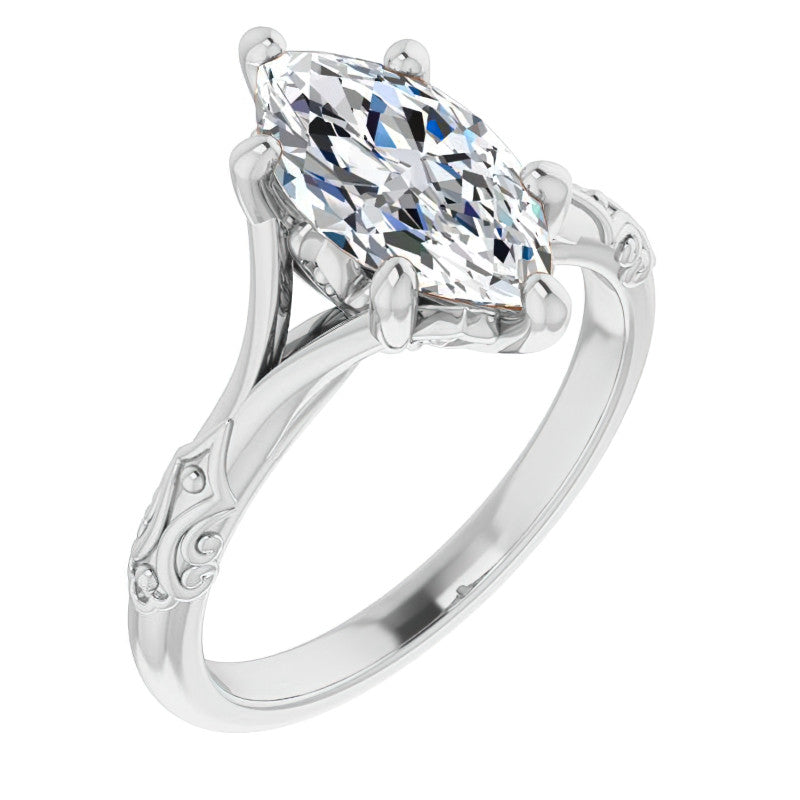 Marquise Moissanite Scroll Accent Cathedral Engagement Ring