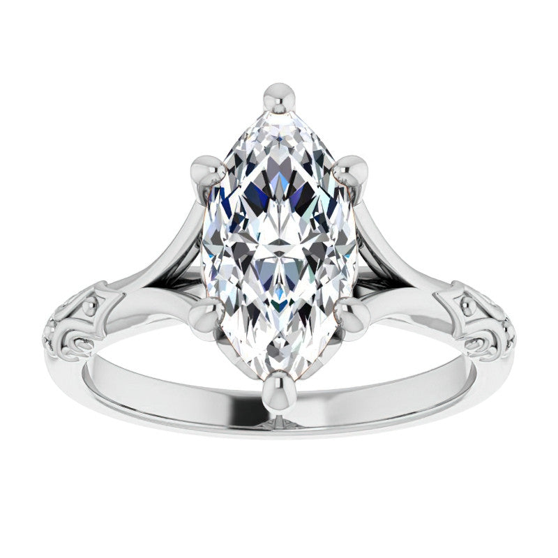 Marquise Moissanite Scroll Accent Cathedral Engagement Ring